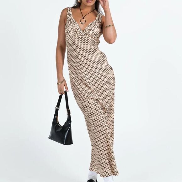 PRINCESS POLLY MAYSA GEO MAXI DRESS BEIGE SIZE 12 NWT - Picture 1 of 9